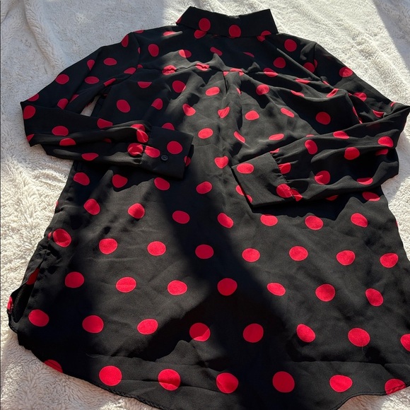 Suzy Shier Black Red Polka Dot Tunic Top Size M | Retro Y2K Button Down Blouse - Picture 5 of 7